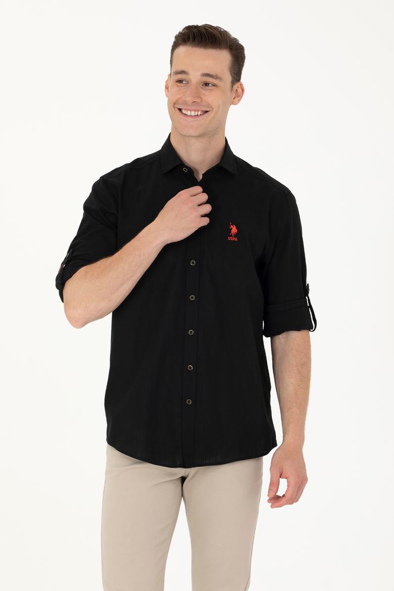 Erkek Siyah Keten Görünümlü Basic Gömlek