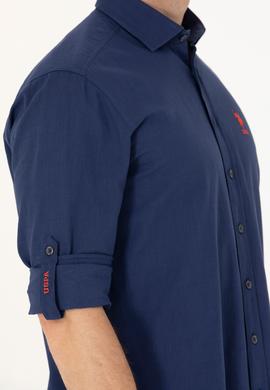 Erkek Lacivert Keten Görünümlü Basic Gömlek - 50254189026