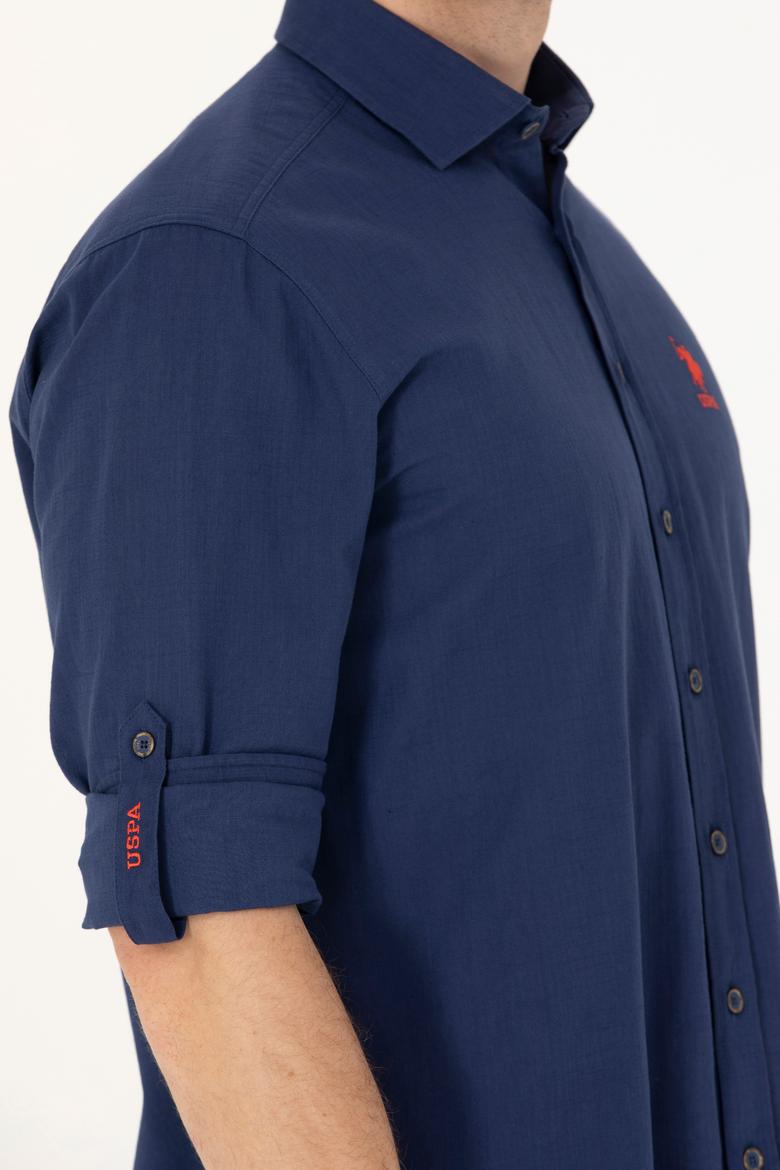 Erkek Lacivert Keten Görünümlü Basic Gömlek - 50254189026