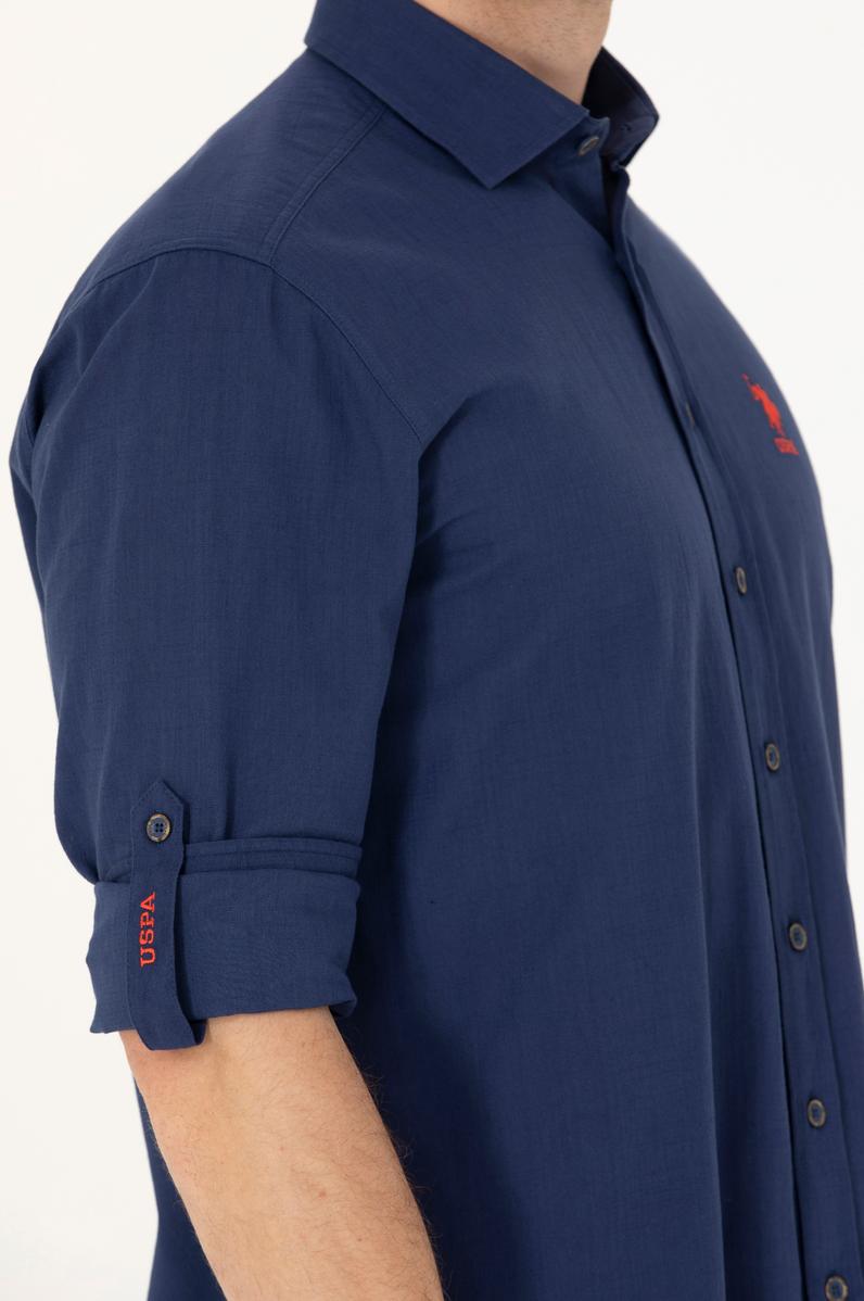 Erkek Lacivert Keten Görünümlü Basic Gömlek