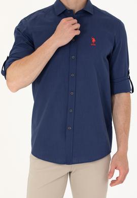 Erkek Lacivert Keten Görünümlü Basic Gömlek - 50254189026