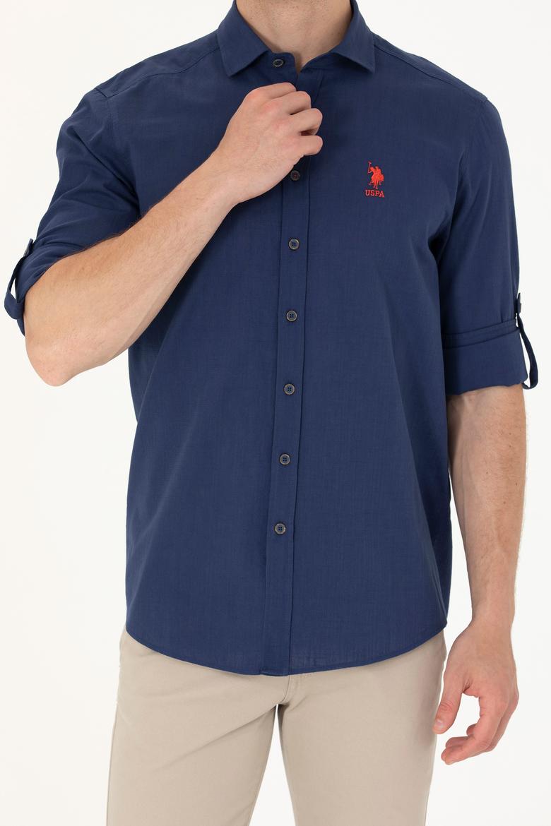 Erkek Lacivert Keten Görünümlü Basic Gömlek - 50254189026