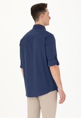 Erkek Lacivert Keten Görünümlü Basic Gömlek - 50254189026