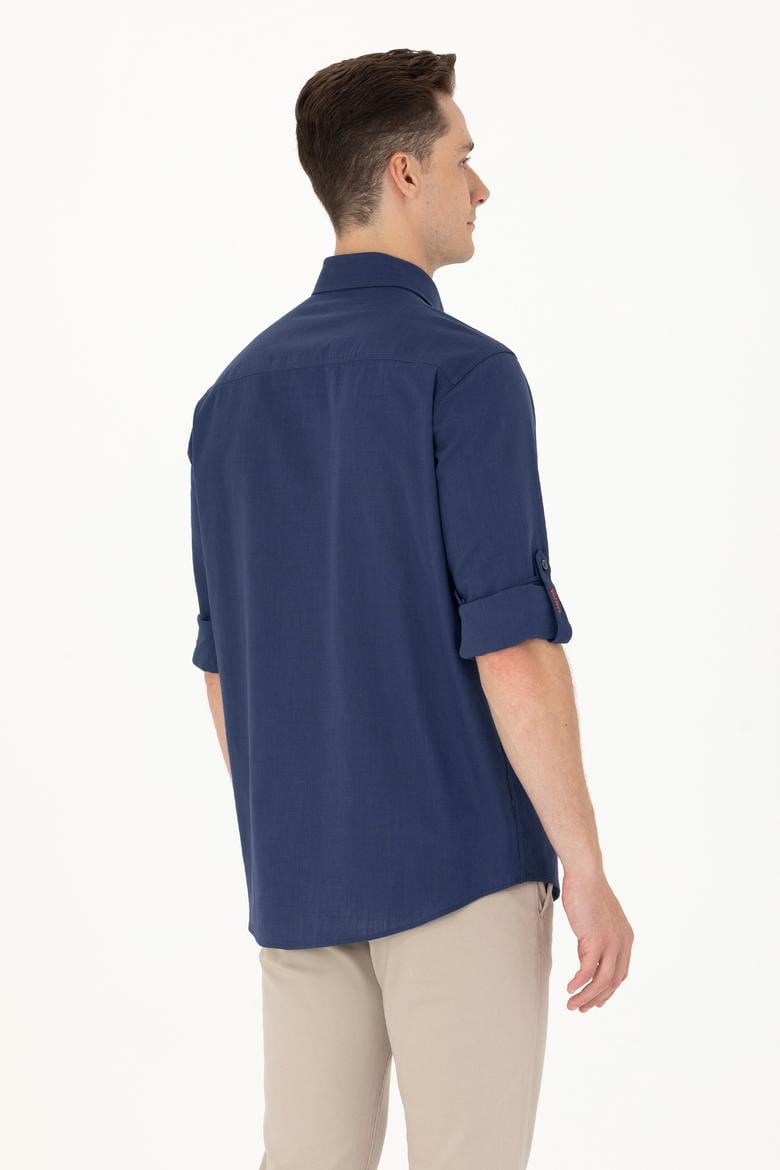 Erkek Lacivert Keten Görünümlü Basic Gömlek - 50254189026