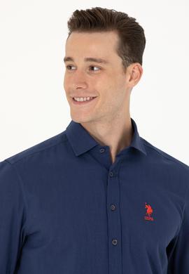 Erkek Lacivert Keten Görünümlü Basic Gömlek - 50254189026