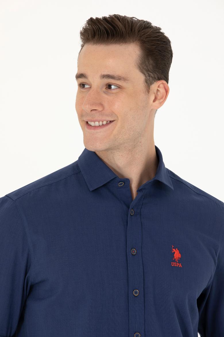 Erkek Lacivert Keten Görünümlü Basic Gömlek - 50254189026