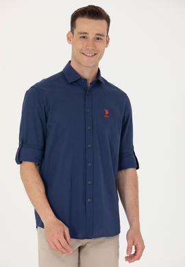 Erkek Lacivert Keten Görünümlü Basic Gömlek - 50254189026