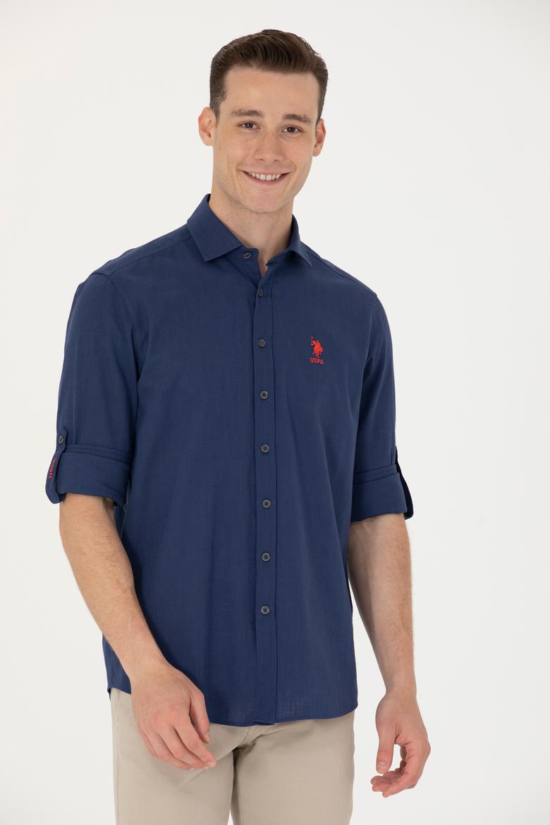 Erkek Lacivert Keten Görünümlü Basic Gömlek - 50254189026