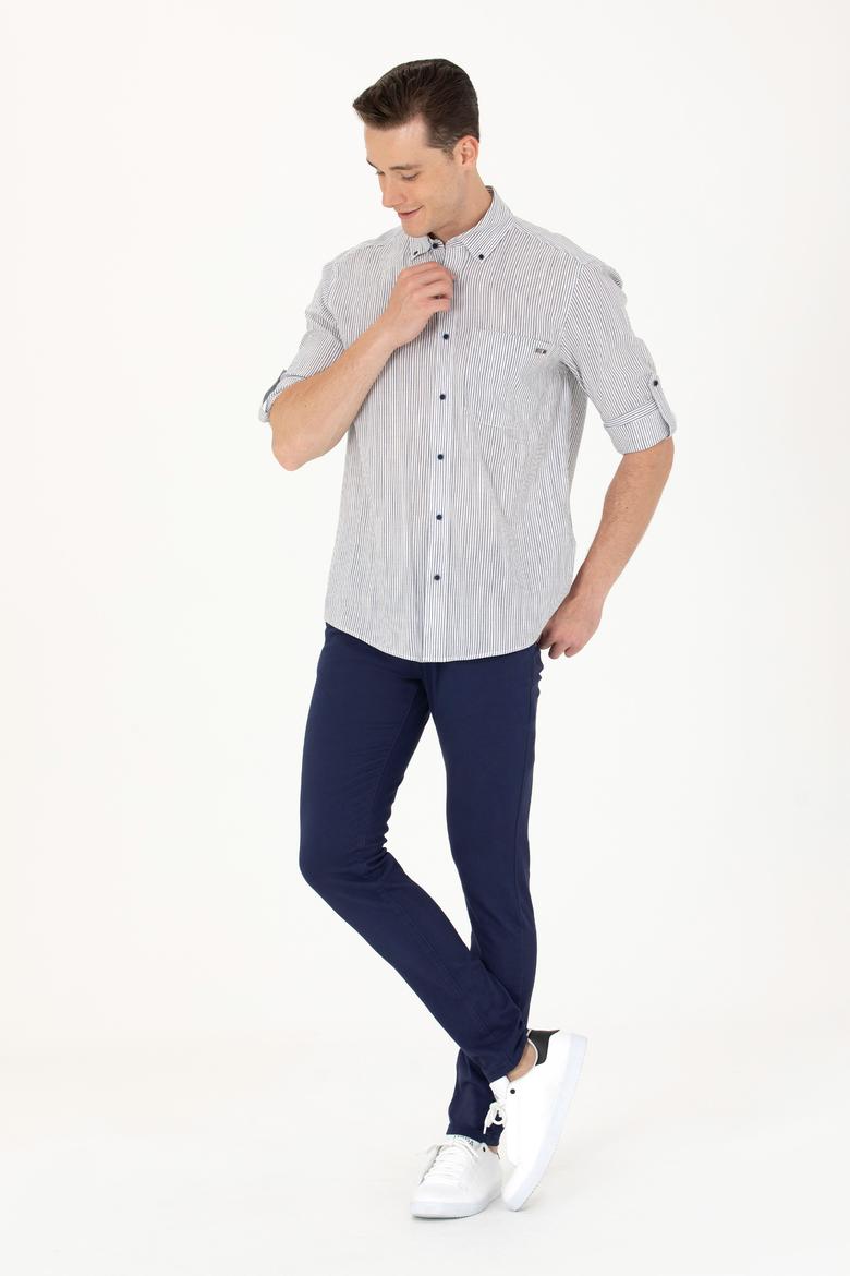 Erkek Lacivert Çizgili Beyaz Gömlek - 50263330027