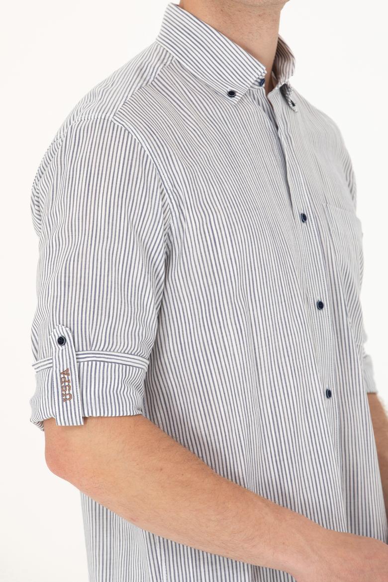Erkek Lacivert Çizgili Beyaz Gömlek - 50263330027