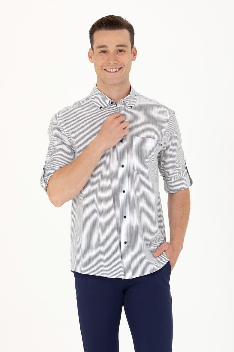 Erkek Lacivert Çizgili Beyaz Gömlek - 50263330027