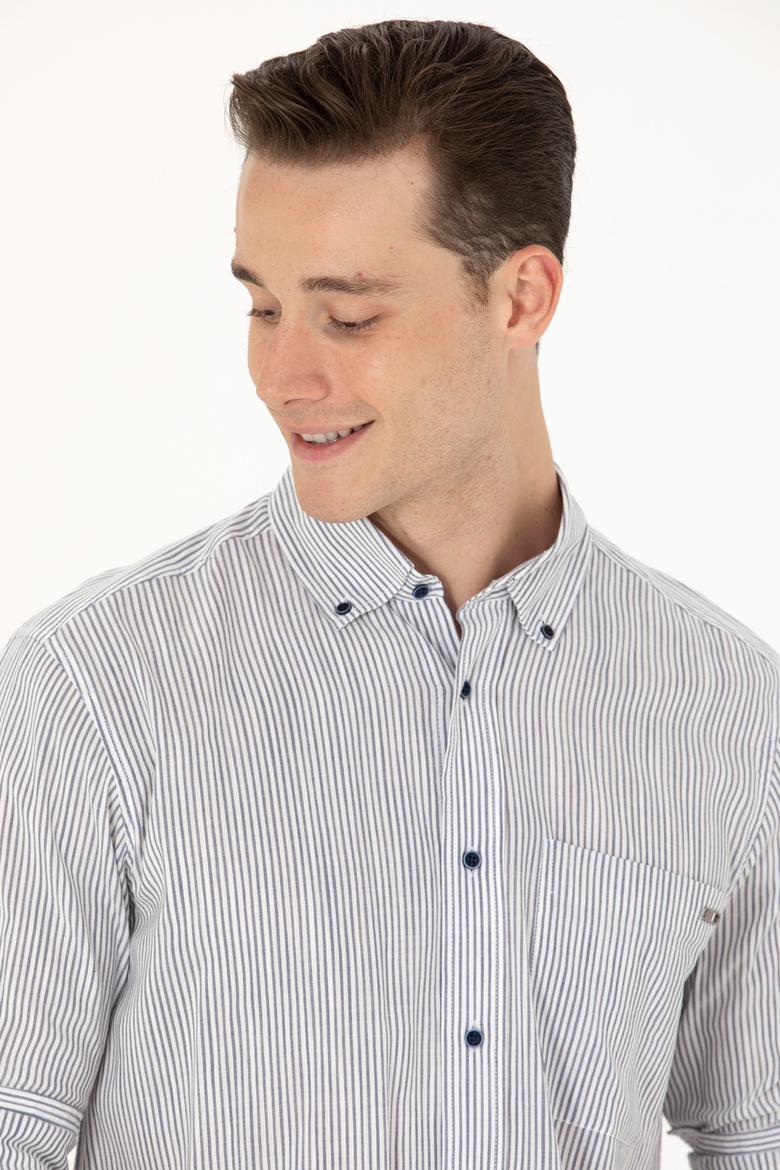 Erkek Lacivert Çizgili Beyaz Gömlek - 50263330027