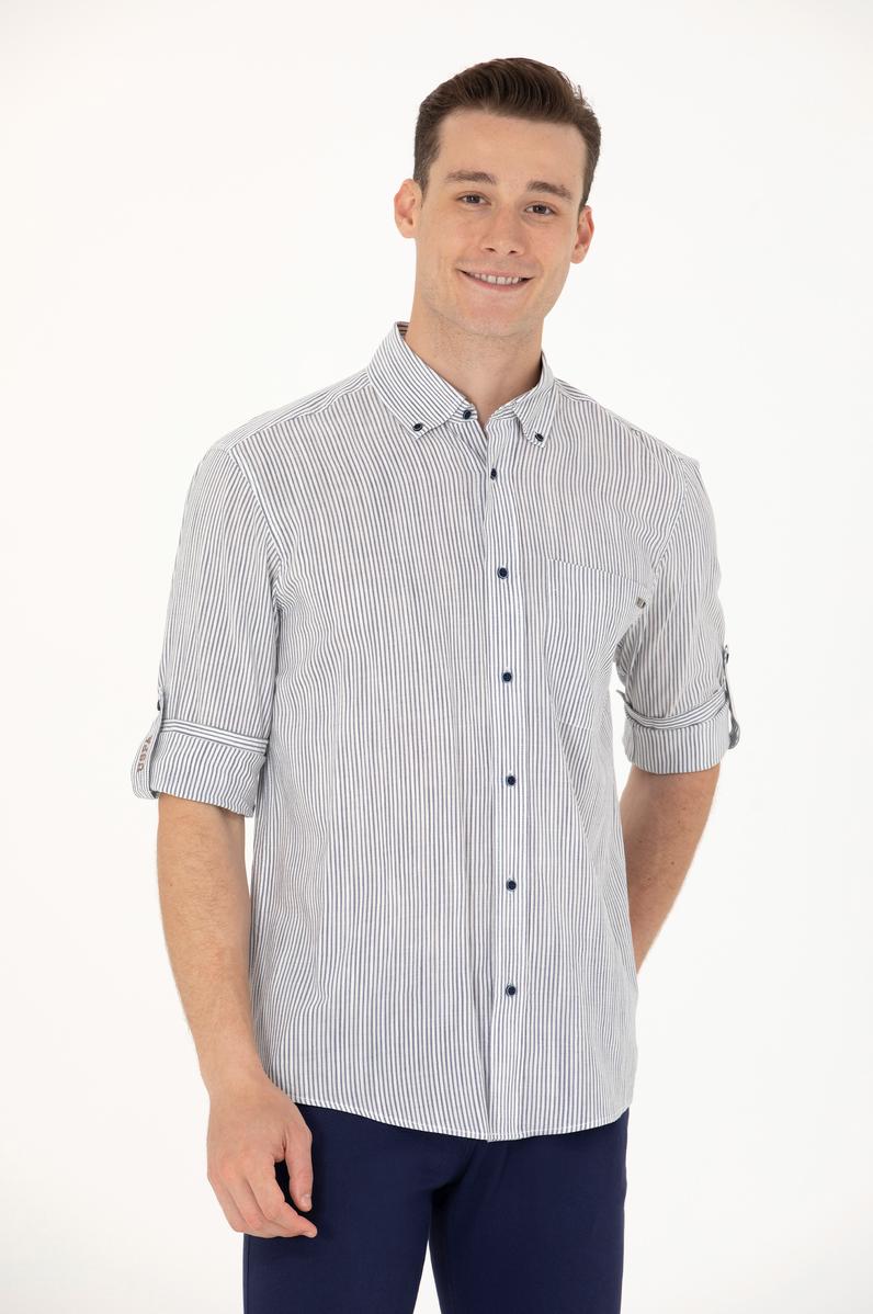 Erkek Lacivert Çizgili Beyaz Gömlek