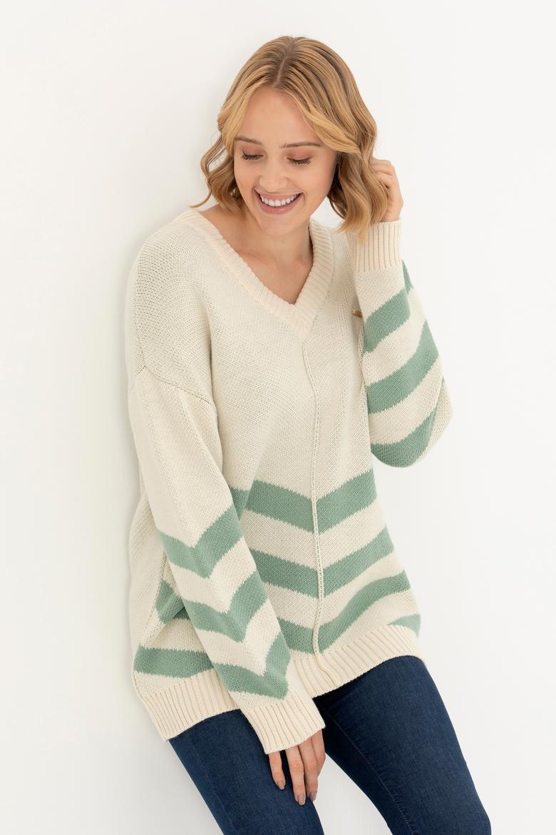 Kadın Krem V Yaka Kazak