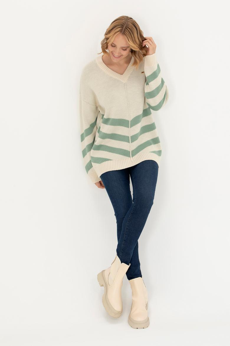 Kadın Krem V Yaka Kazak - 50272041008