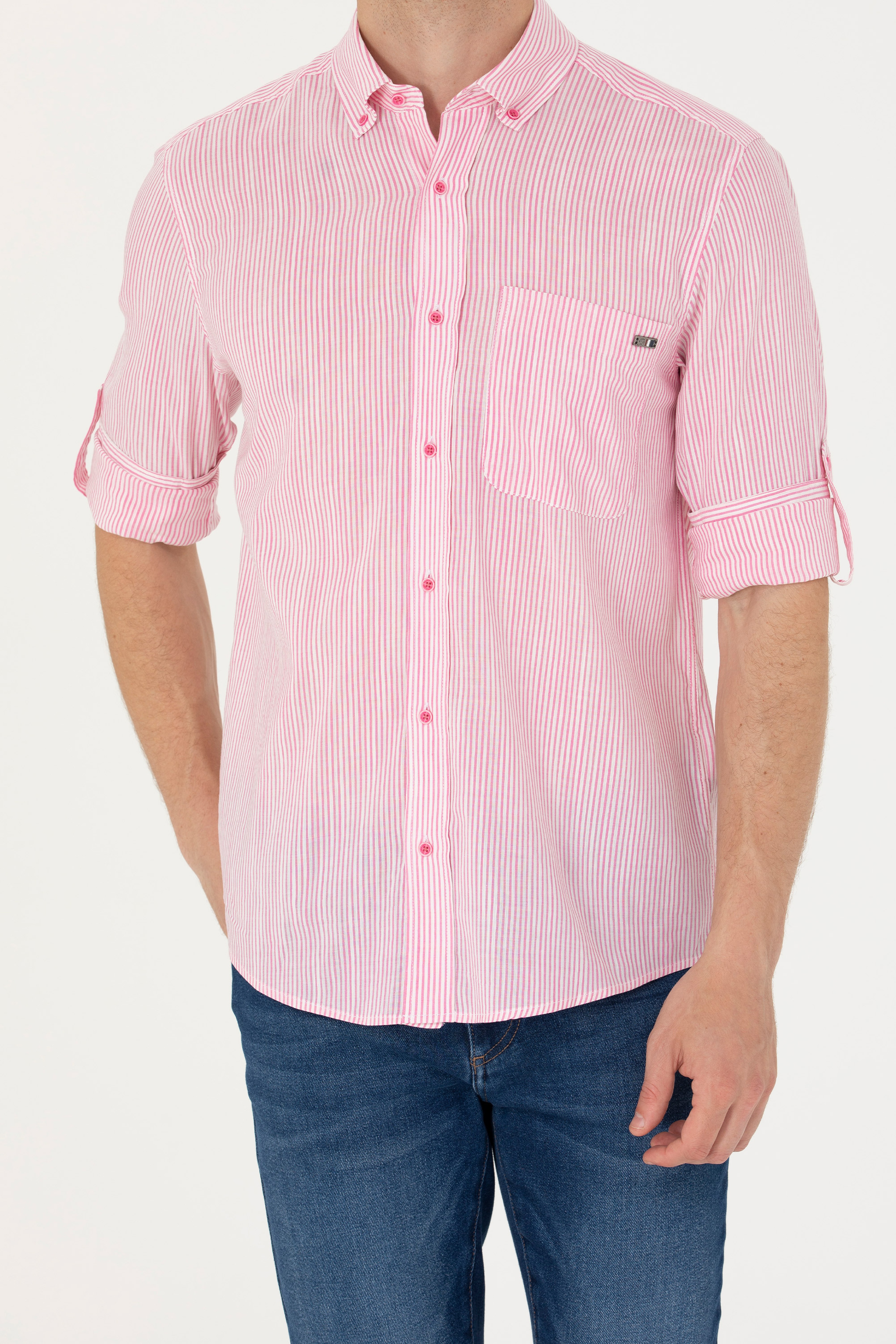 Erkek Pembe Çizgili Beyaz Gömlek - Image 6