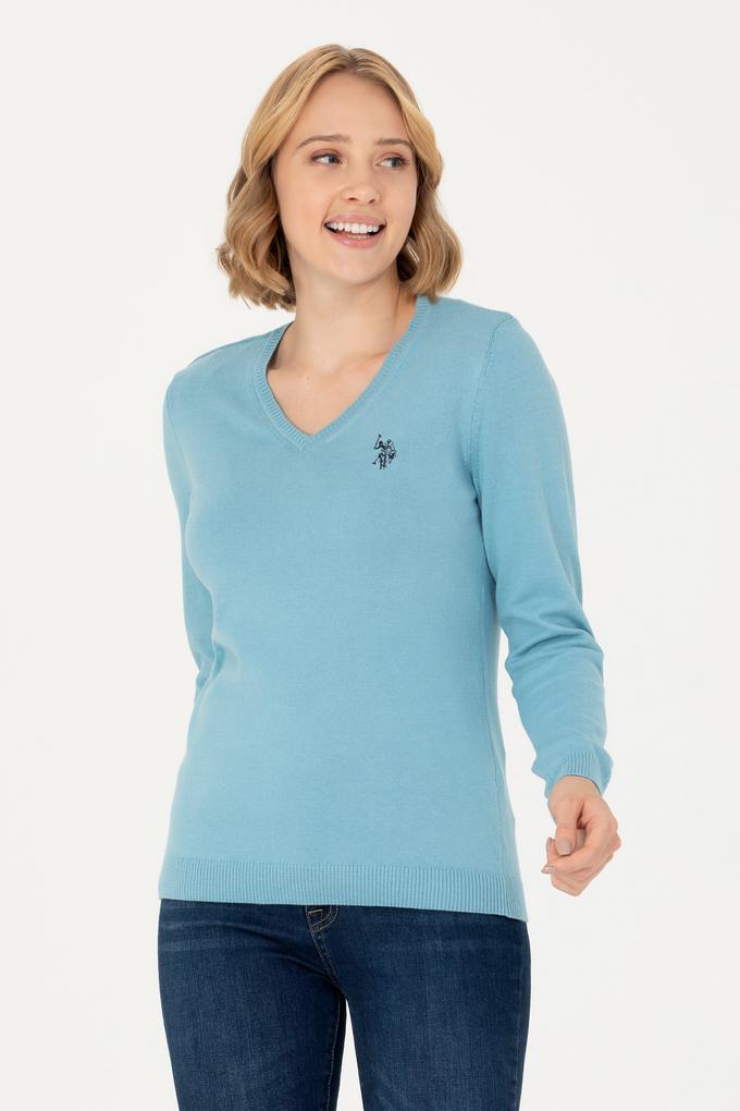Kadın Mavi V Yaka Basic Kazak
