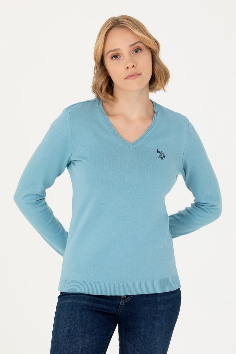 Kadın Mavi V Yaka Basic Kazak - 50276570039