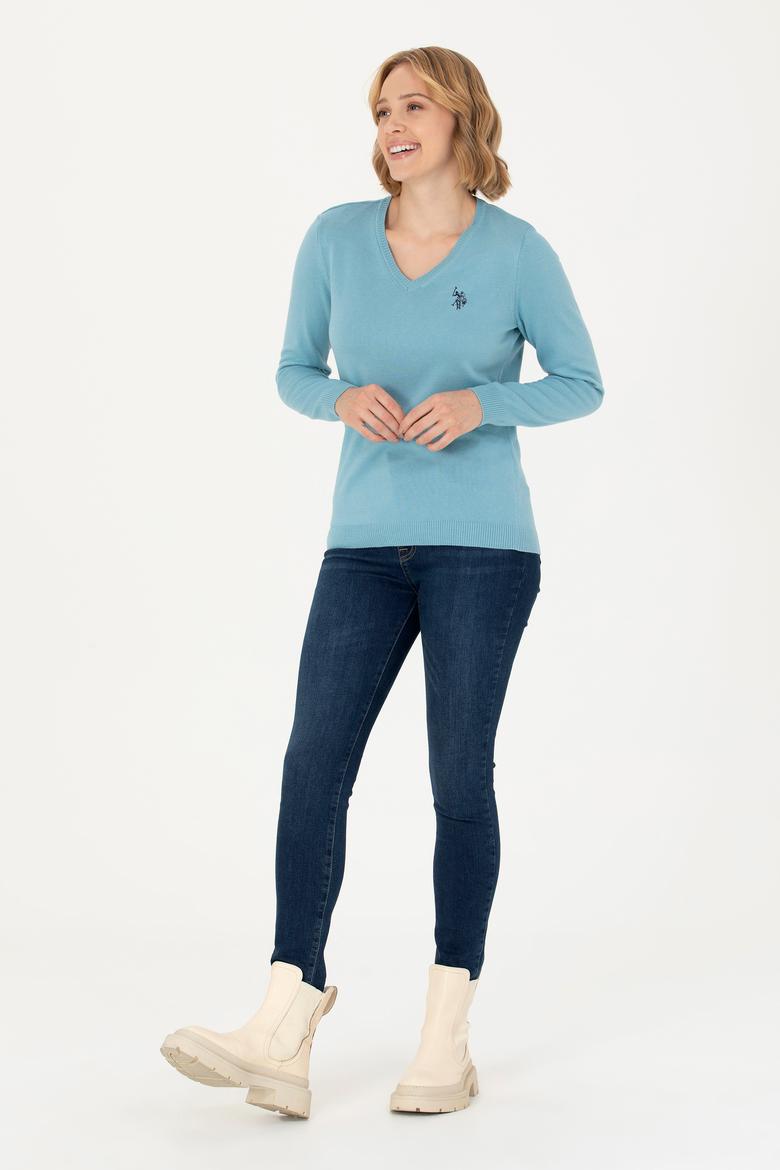 Kadın Mavi V Yaka Basic Kazak - 50276570039