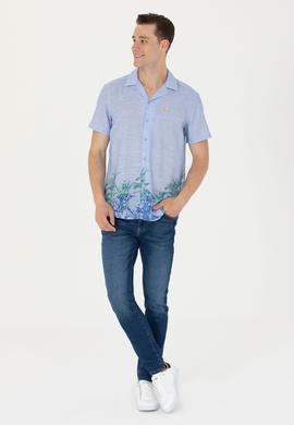 Erkek Apaş Yaka Mavi Kısa Kollu Gömlek - 50264093014