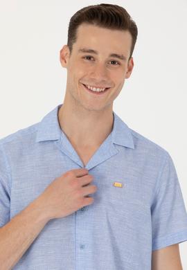 Erkek Apaş Yaka Mavi Kısa Kollu Gömlek - 50264093014