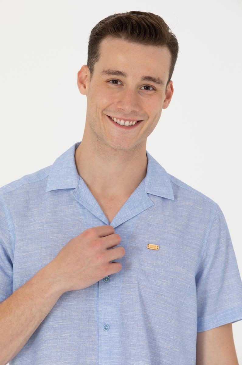 Erkek Apaş Yaka Mavi Kısa Kollu Gömlek