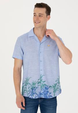 Erkek Apaş Yaka Mavi Kısa Kollu Gömlek - 50264093014