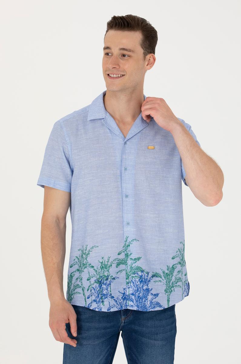 Erkek Apaş Yaka Mavi Kısa Kollu Gömlek