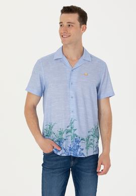 Erkek Apaş Yaka Mavi Kısa Kollu Gömlek - 50264093014