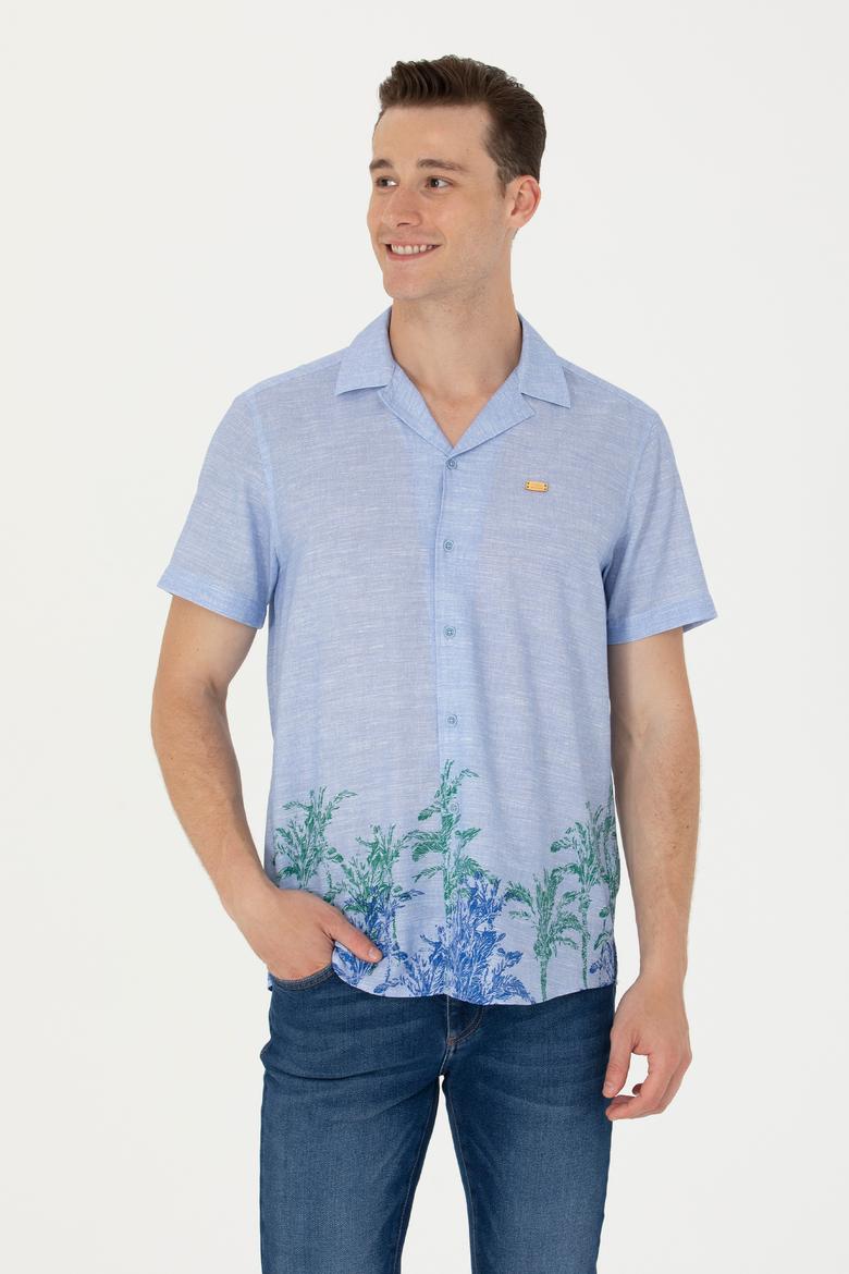 Erkek Apaş Yaka Mavi Kısa Kollu Gömlek - 50264093014