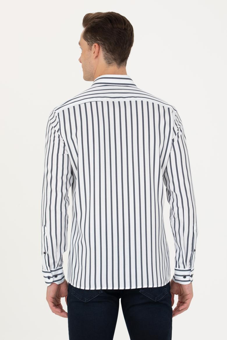 Erkek Lacivert Çizgili Beyaz Gömlek - 50277939007