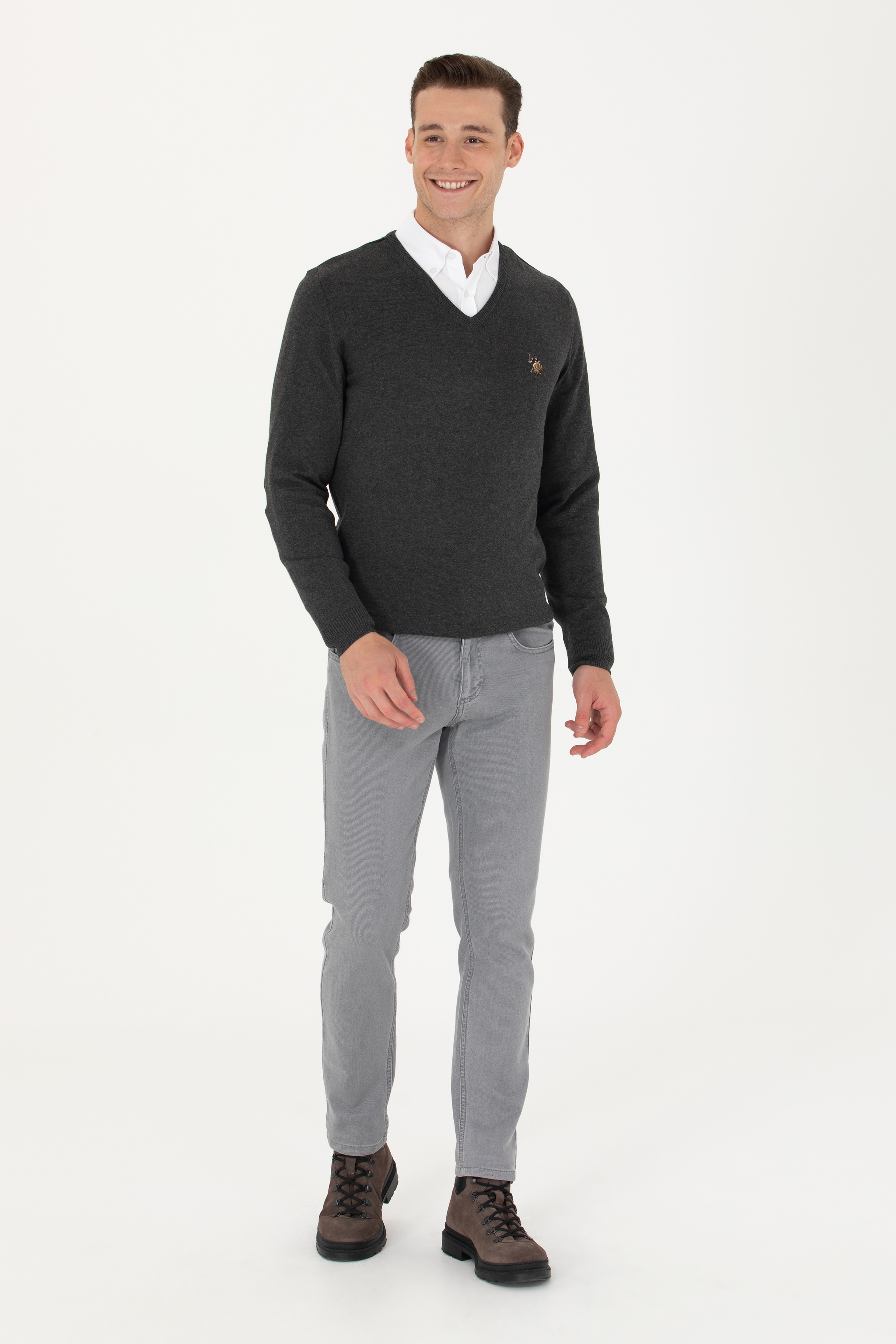 Erkek Slim Fit V Yaka Antrasit Kazak