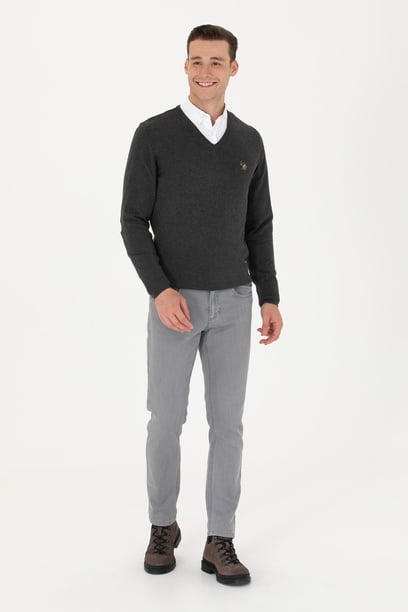 Erkek Slim Fit V Yaka Antrasit Kazak
