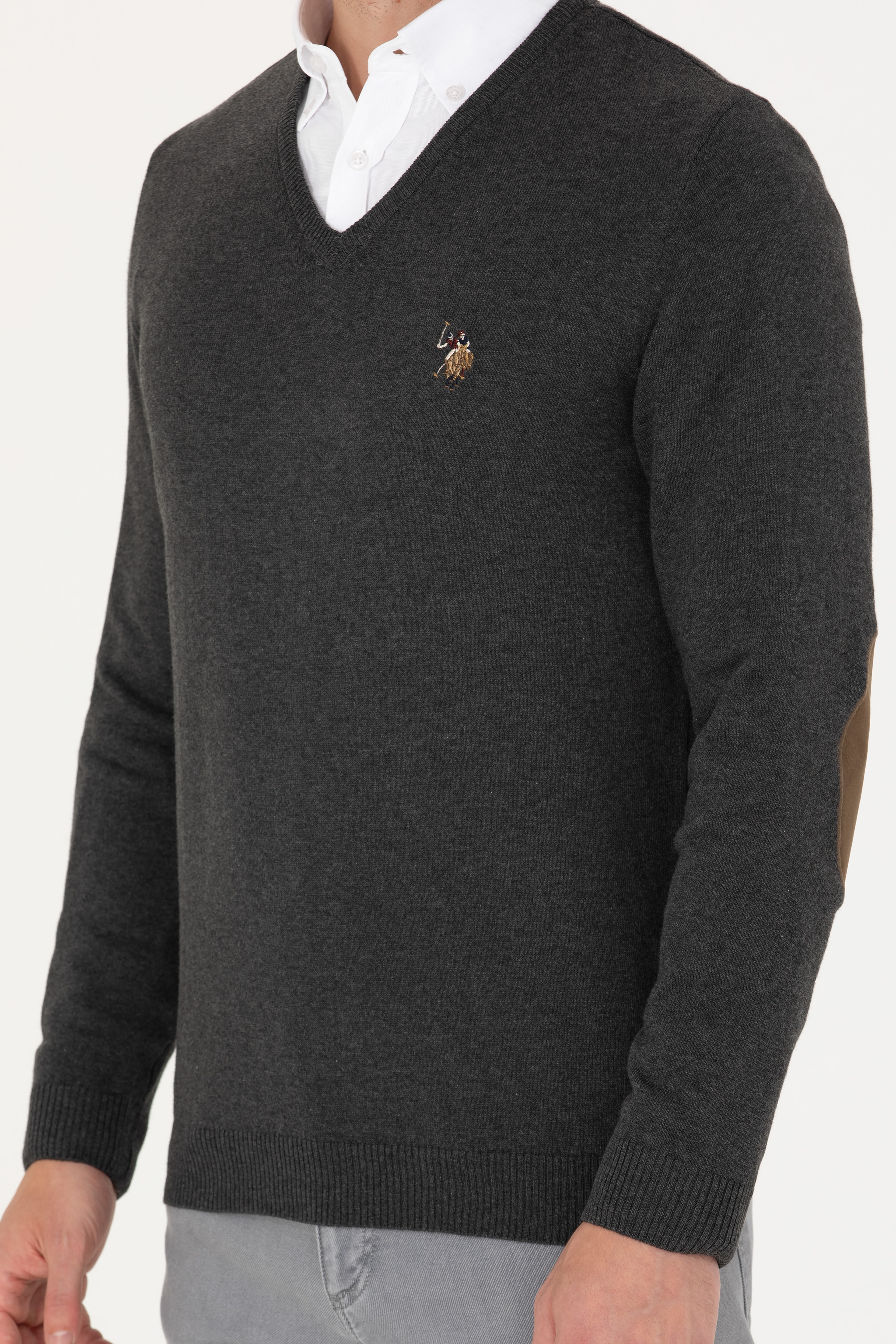 Erkek Slim Fit V Yaka Antrasit Kazak