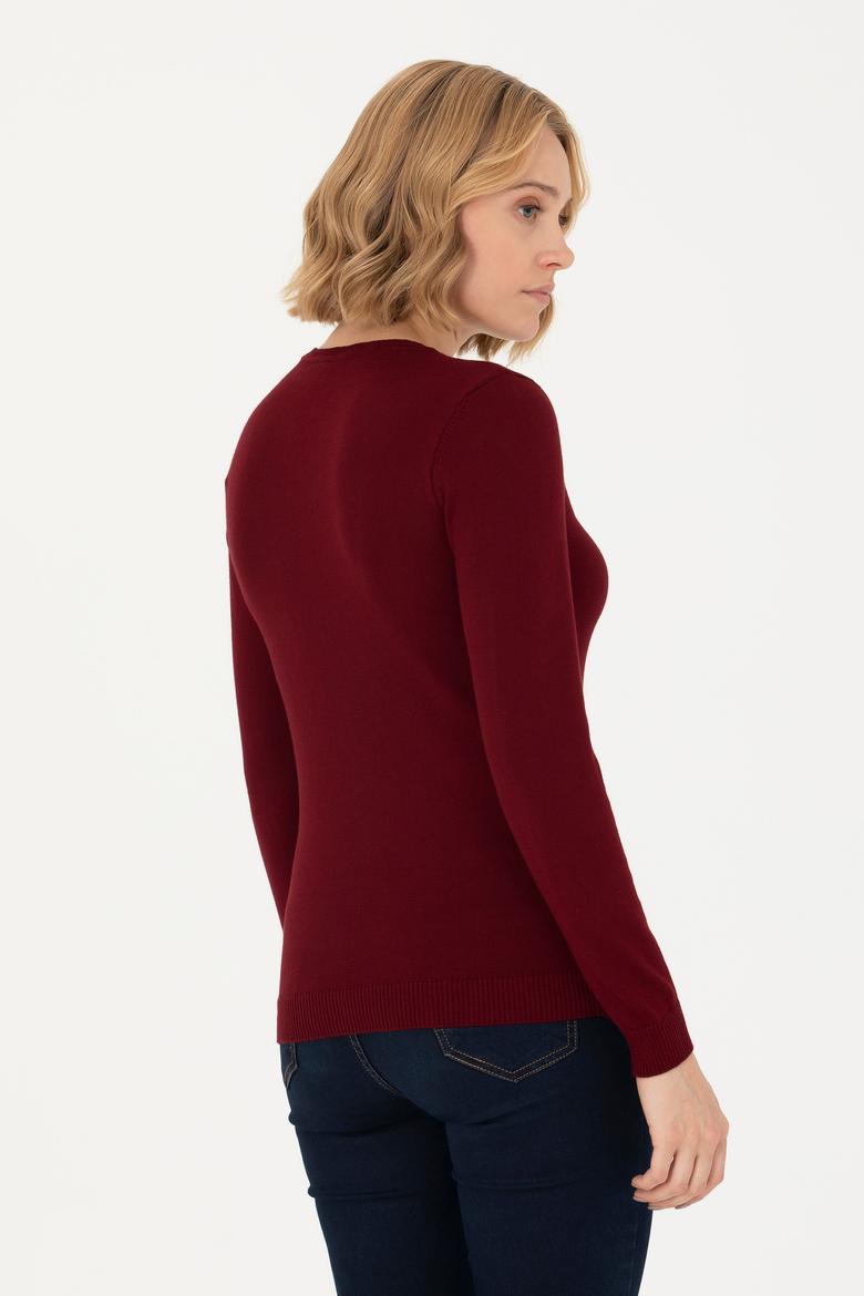 Kadın Bordo V Yaka Basic Kazak - 50276570019