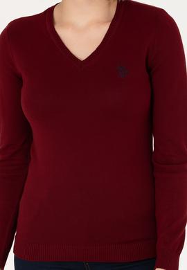 Kadın Bordo V Yaka Basic Kazak - 50276570019