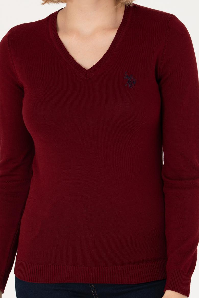 Kadın Bordo V Yaka Basic Kazak - 50276570019