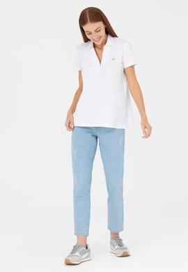 Kadın Beyaz Kaçık Yaka Basic Tişört - 50271665004