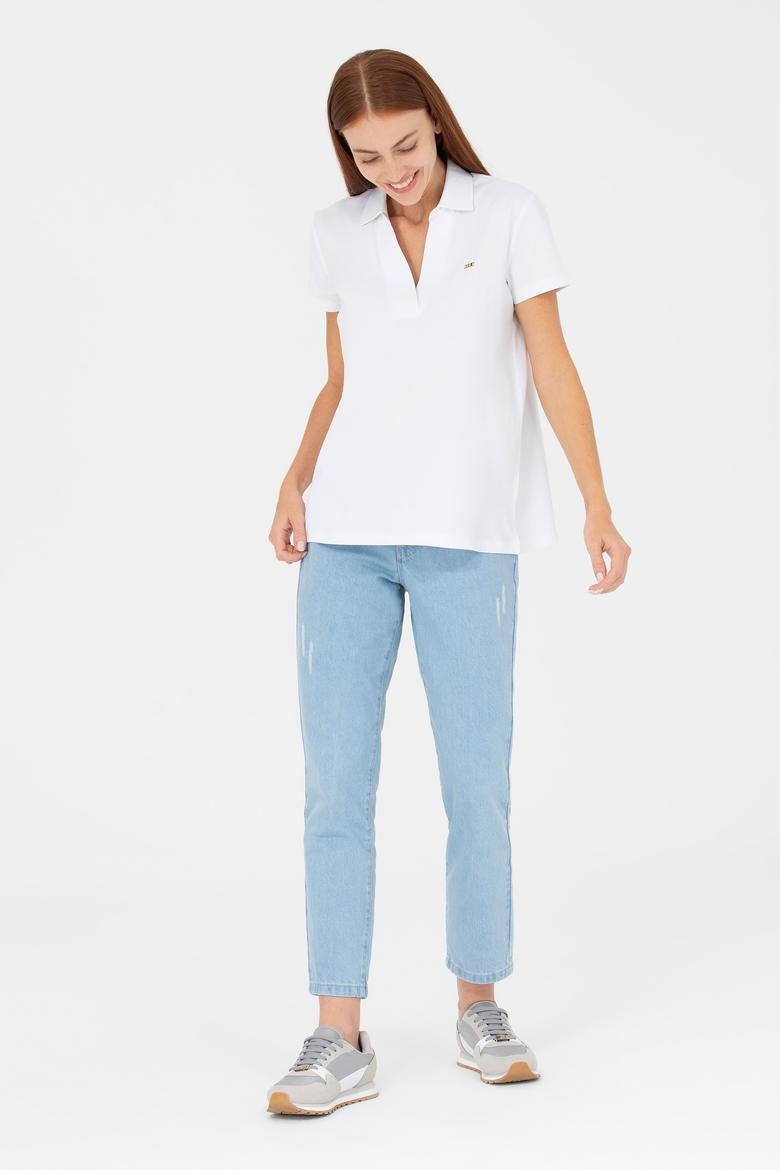 Kadın Beyaz Kaçık Yaka Basic Tişört - 50271665004