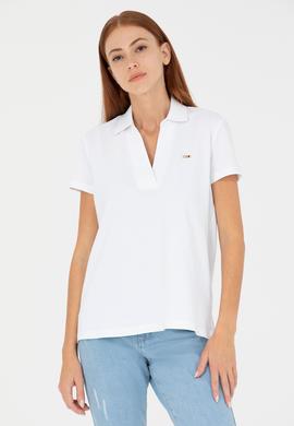 Kadın Beyaz Kaçık Yaka Basic Tişört - 50271665004