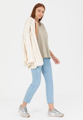 Kadın Haki Kaçık Yaka Basic Tişört - 50271665021