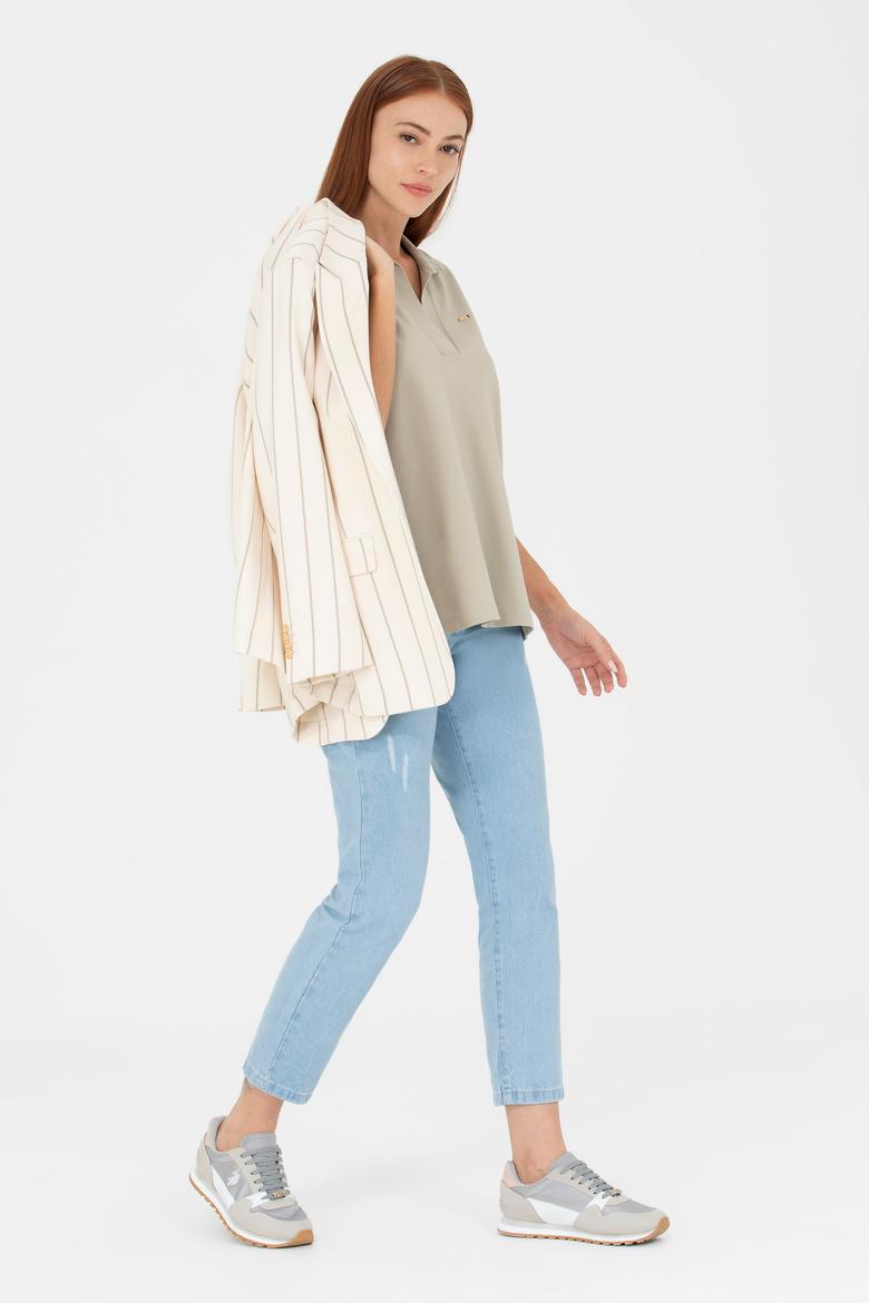 Kadın Haki Kaçık Yaka Basic Tişört - 50271665021