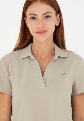 Kadın Haki Kaçık Yaka Basic Tişört - 50271665021