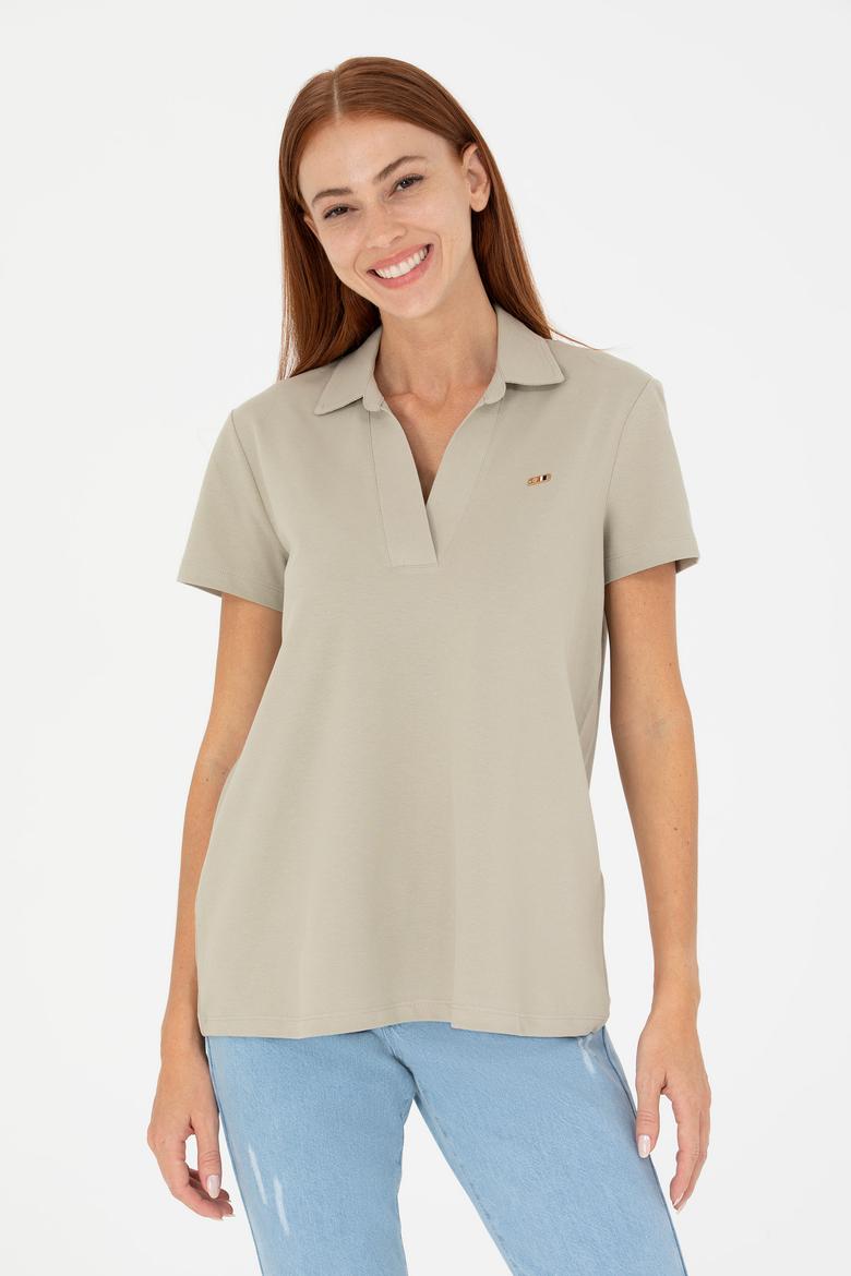 Kadın Haki Kaçık Yaka Basic Tişört - 50271665021