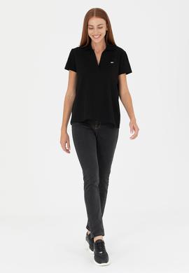 Kadın Siyah Kaçık Yaka Basic Tişört - 50271665032