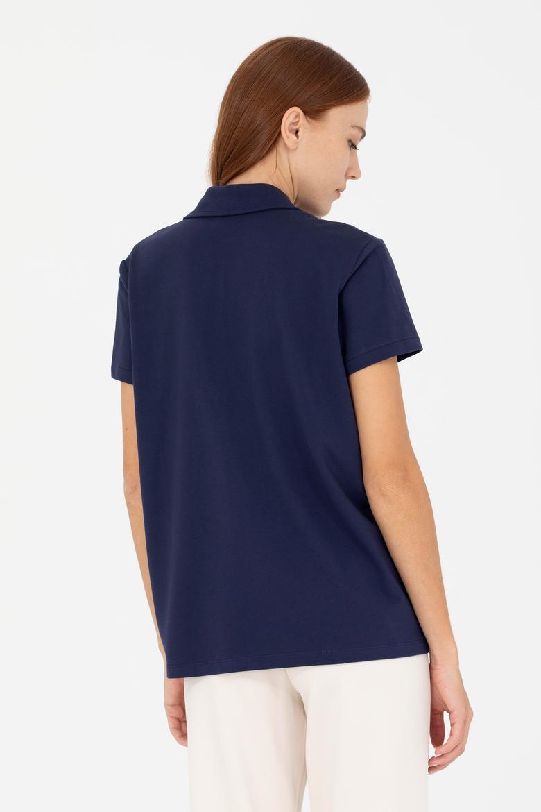 Kadın Lacivert Kaçık Yaka Basic Tişört - 50271665033