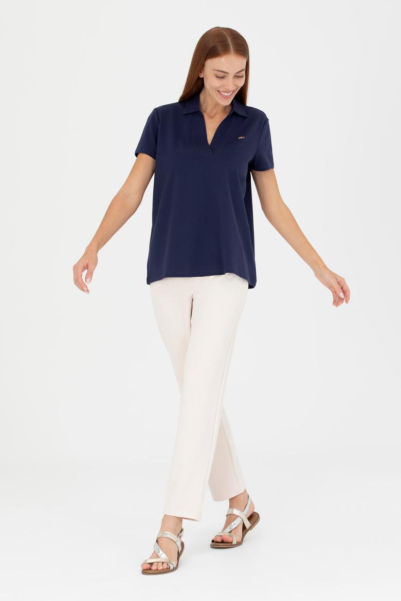 Kadın Lacivert Kaçık Yaka Basic Tişört - 50271665033