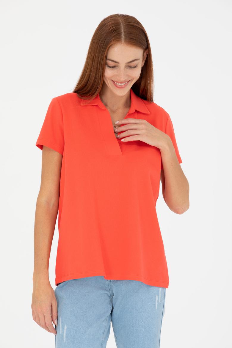 Kadın Kırmızı Kaçık Yaka Basic Tişört - 50271665046