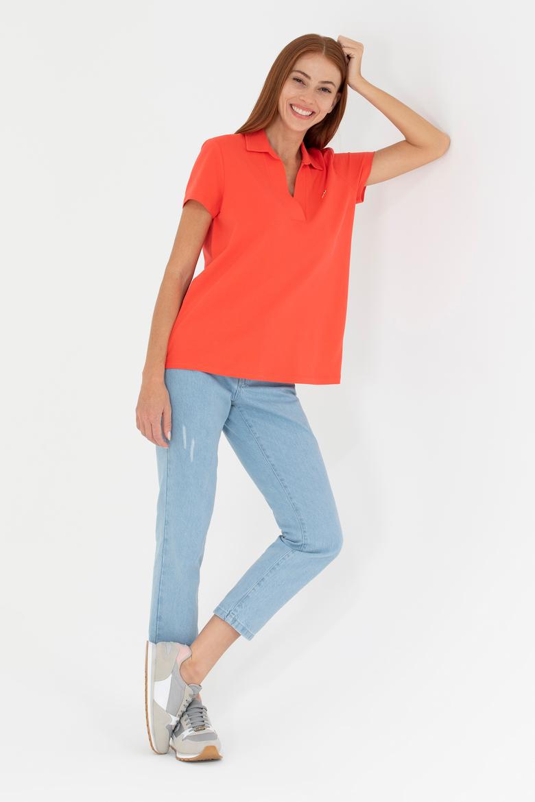 Kadın Kırmızı Kaçık Yaka Basic Tişört - 50271665046