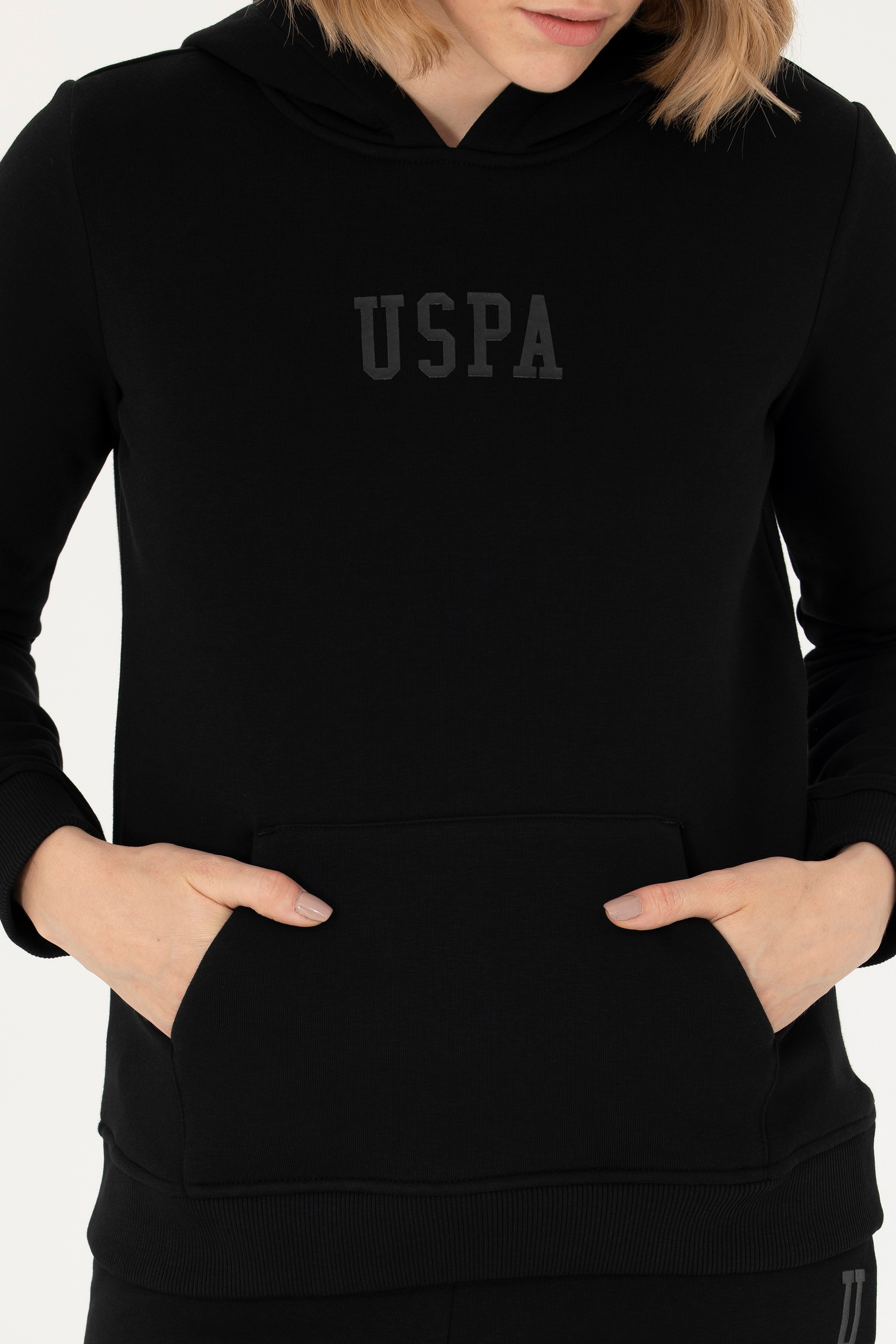 Kadın Siyah Kapüşonlu Basic Sweatshirt - Image 6